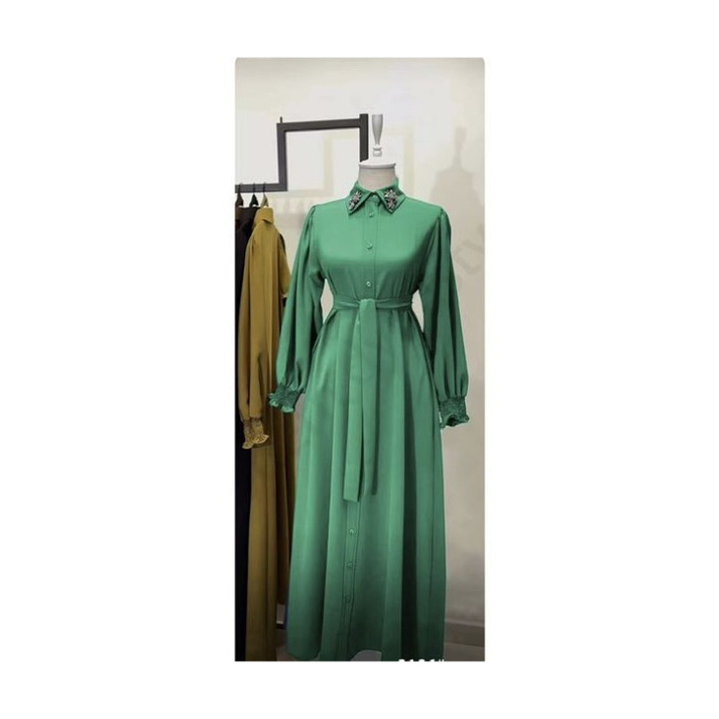 Inayah Exclusive Beaded Collar Satin Dress Green