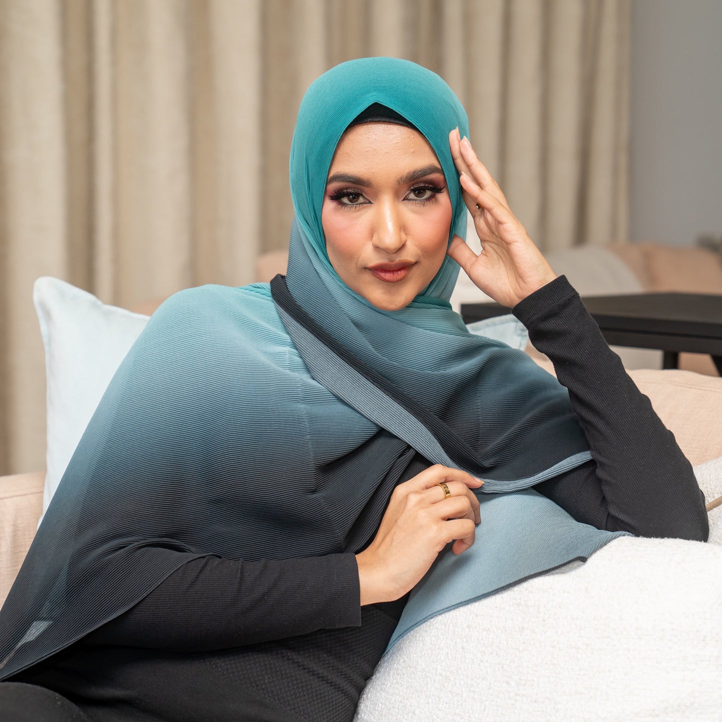 Inayah Exclusive Premium Crimped Ombre Chiffon Scarf Peacock