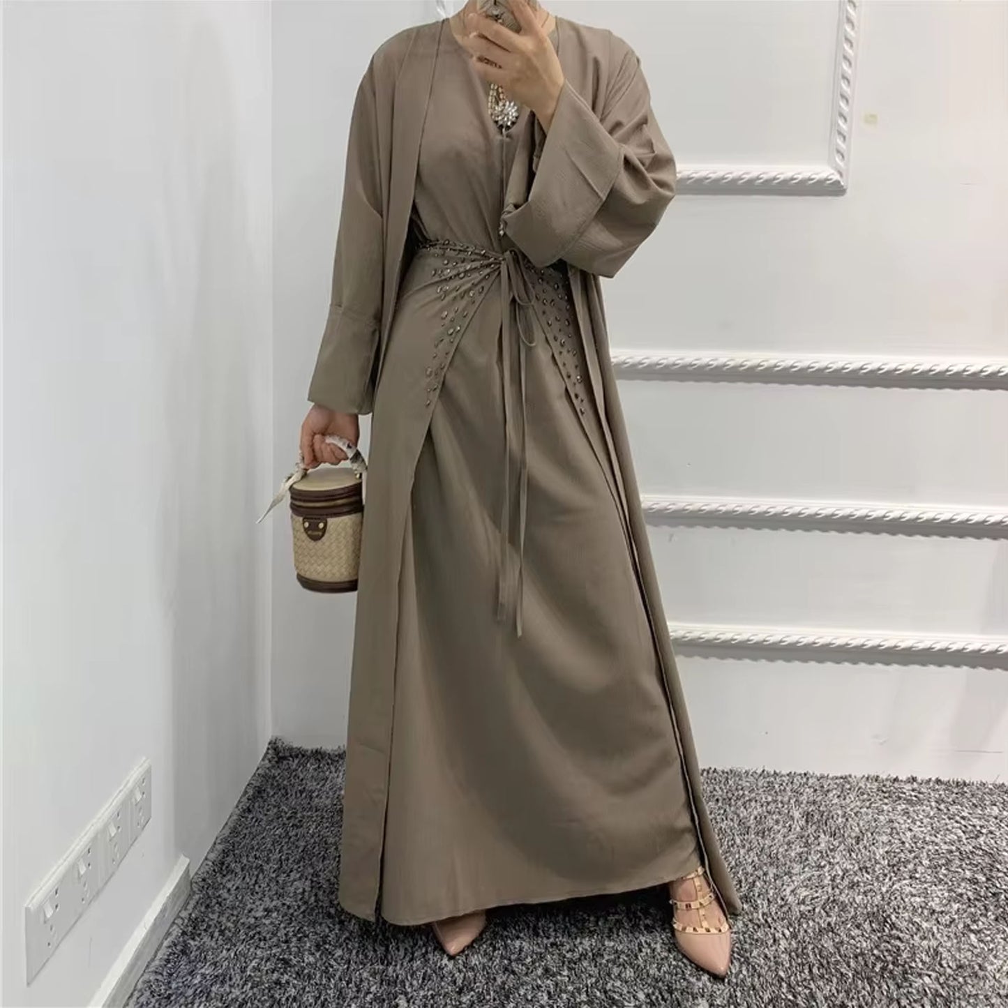 Inayah Exclusive 3 Piece Abaya Set Beige