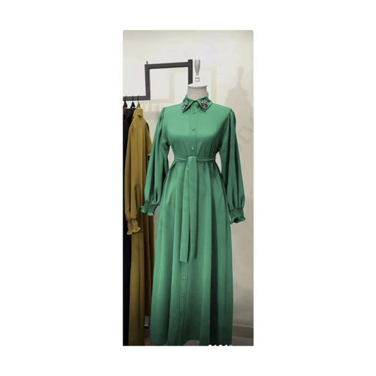 Inayah Exclusive Beaded Collar Satin Dress Green
