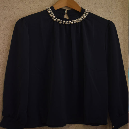 Inayah Exclusive Pearl Collar Blouse Black
