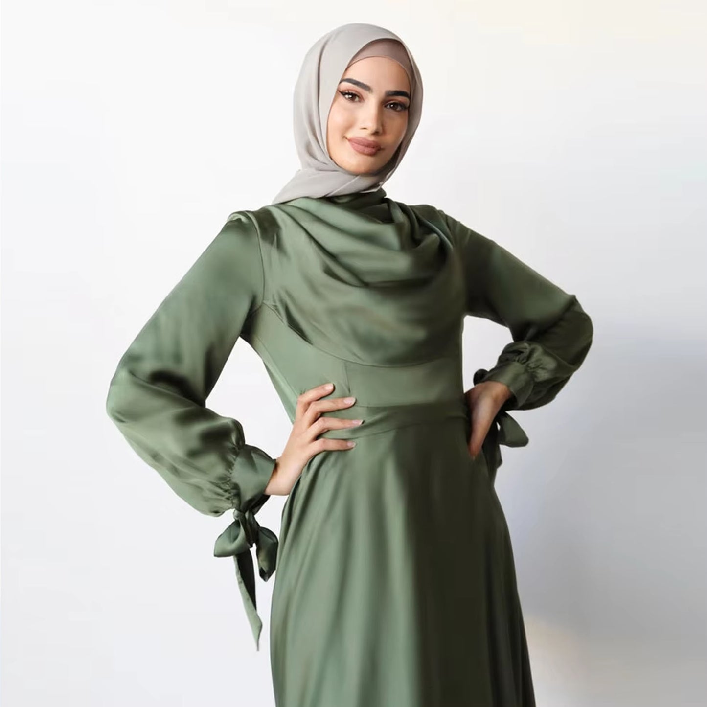Inayah Exclusive Satin Layered Dress Green