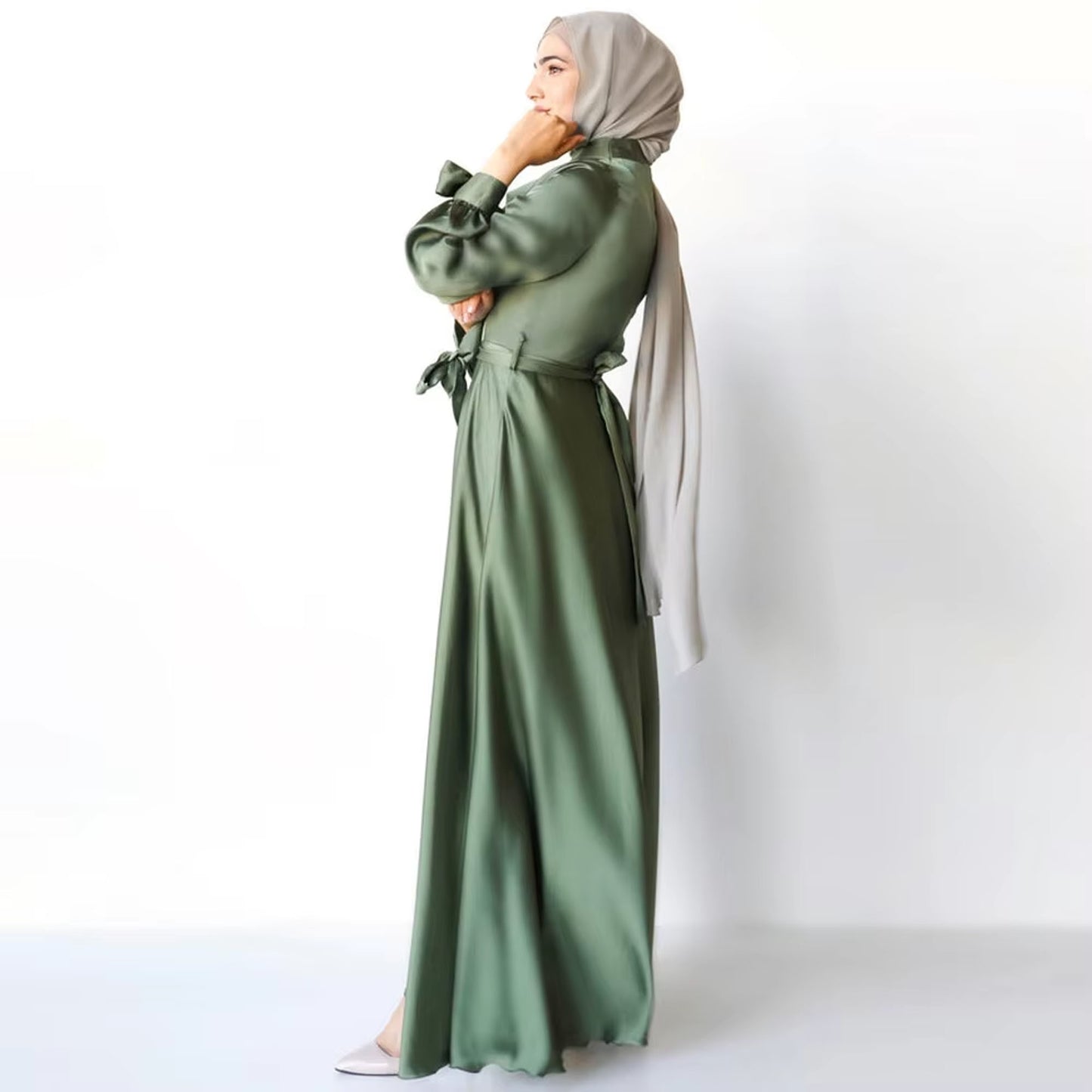 Inayah Exclusive Satin Layered Dress Green