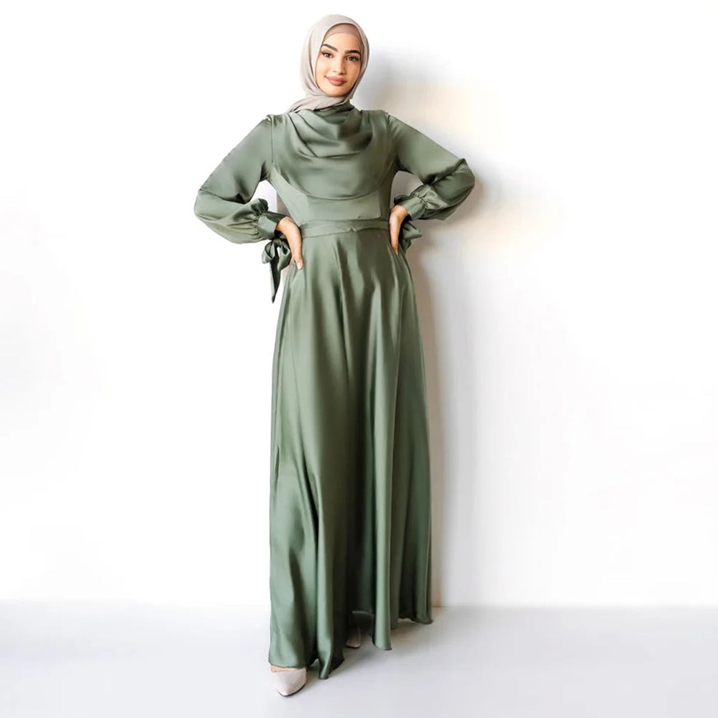 Inayah Exclusive Satin Layered Dress Green